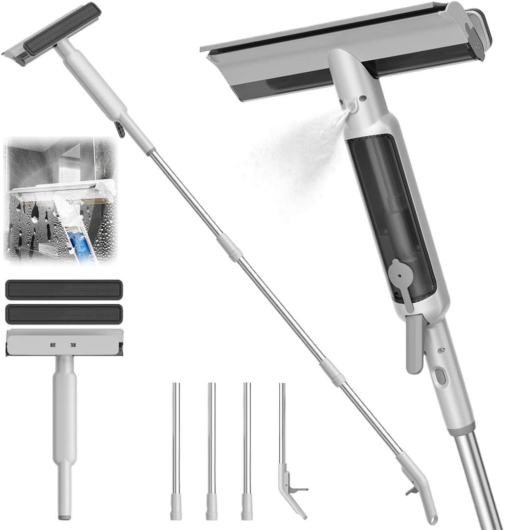 4 in 1 Window Squeegee with Water Tank,Window Cleaner Tool with Remote Control Water Spray,16'' to 72'' Adjustable Extension Pole,Wastewater Tray,Sponge Window Squeegee for Shower Glass Car Window