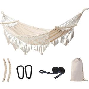 Hammock Hanging Swing Double Max 500lbs Macrame for Indoor Outdoor Patio Yard Garden (Beige) (Beige Without Stand)