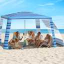 Rhino Valley Beach Cabana, 8 * 8FT Beach Tent UPF50+ Protection, Easy Setup Beach Canopy Wind Resistant with Cup Holder, Compact Beach Shade Foldable Beach Tent Sun Shelter, Blue Four Stripes