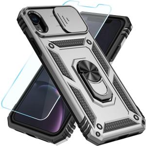 SunStory Compatible with iPhone XR Case with HD Screen Protector & Slide Camera Cover & Rotated Ring Kickstand, [Military-Grade] Phone Case for iPhone XR(Silver)