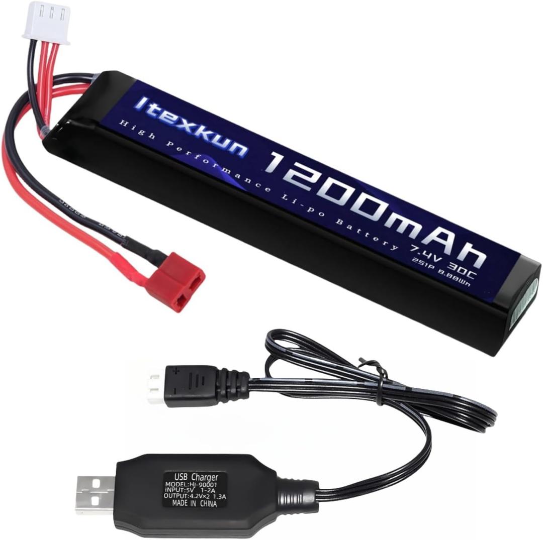 7.4V 2S 1200mAh Airsoft Battery Lipo Batteries T Plug 30C High Discharge Rate Rechargeable 2S Lipo Battery for Airsoft Model Guns with 7.4v Battery Charger