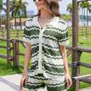 Moreone 2 Piece Lounge Set Women Short Sleeve Striped Crochet Knit Sets Two Piece Button Up Pajamas with Drawstring Shorts (Green, S)