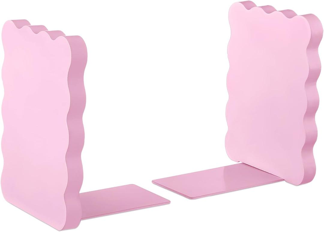 Skyygemm Pink Wood Scalloped Bookends for Shelves, Non Slip Decorative Cute Aesthetic Preppy Heavy Duty Book Ends Organizer Stopper for Nursery Home Decor Office