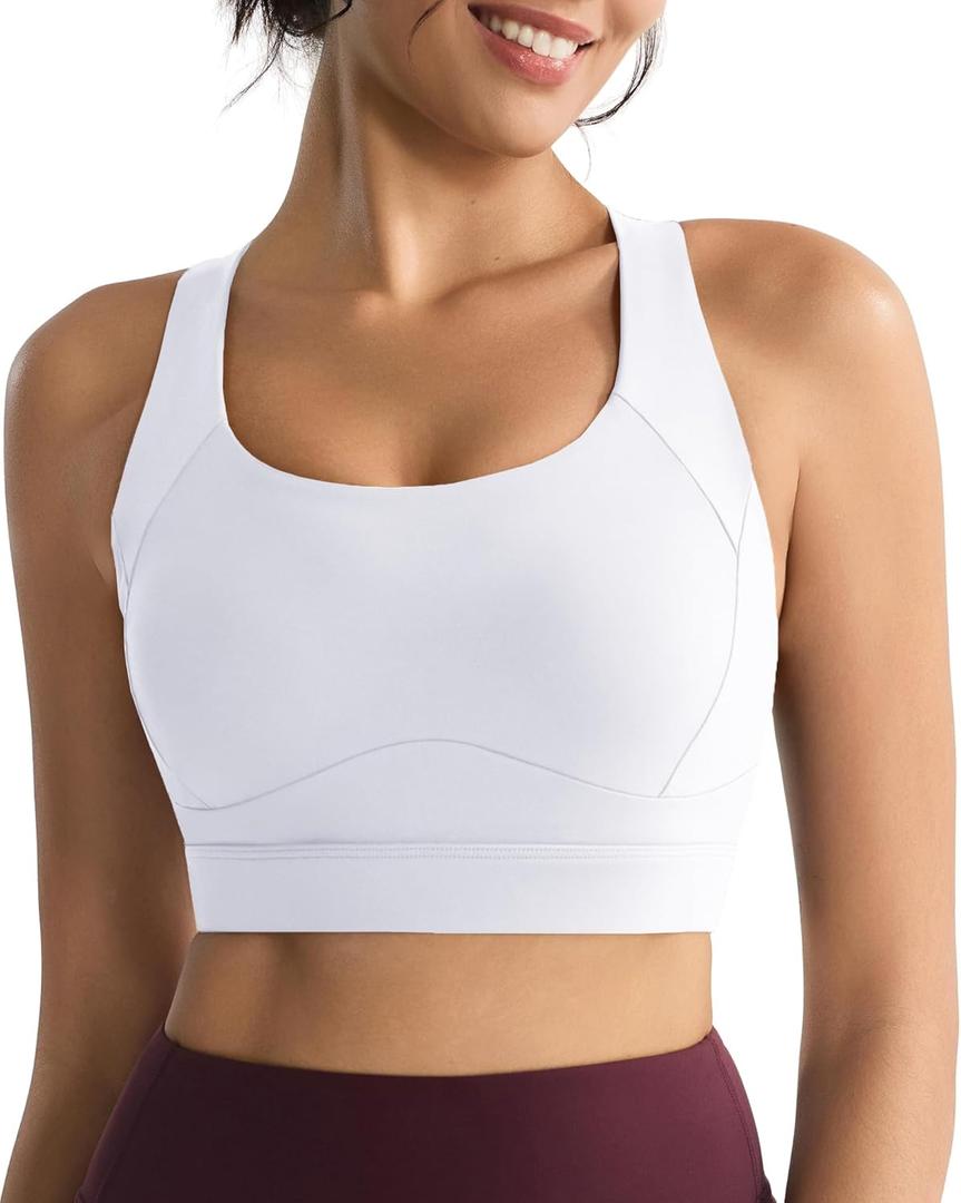 RUNNING GIRL Sports Bras for Women High Support,Racerback High Impact Grey Sports Bra Moulded Cup Workout Bra Push up (White, L)