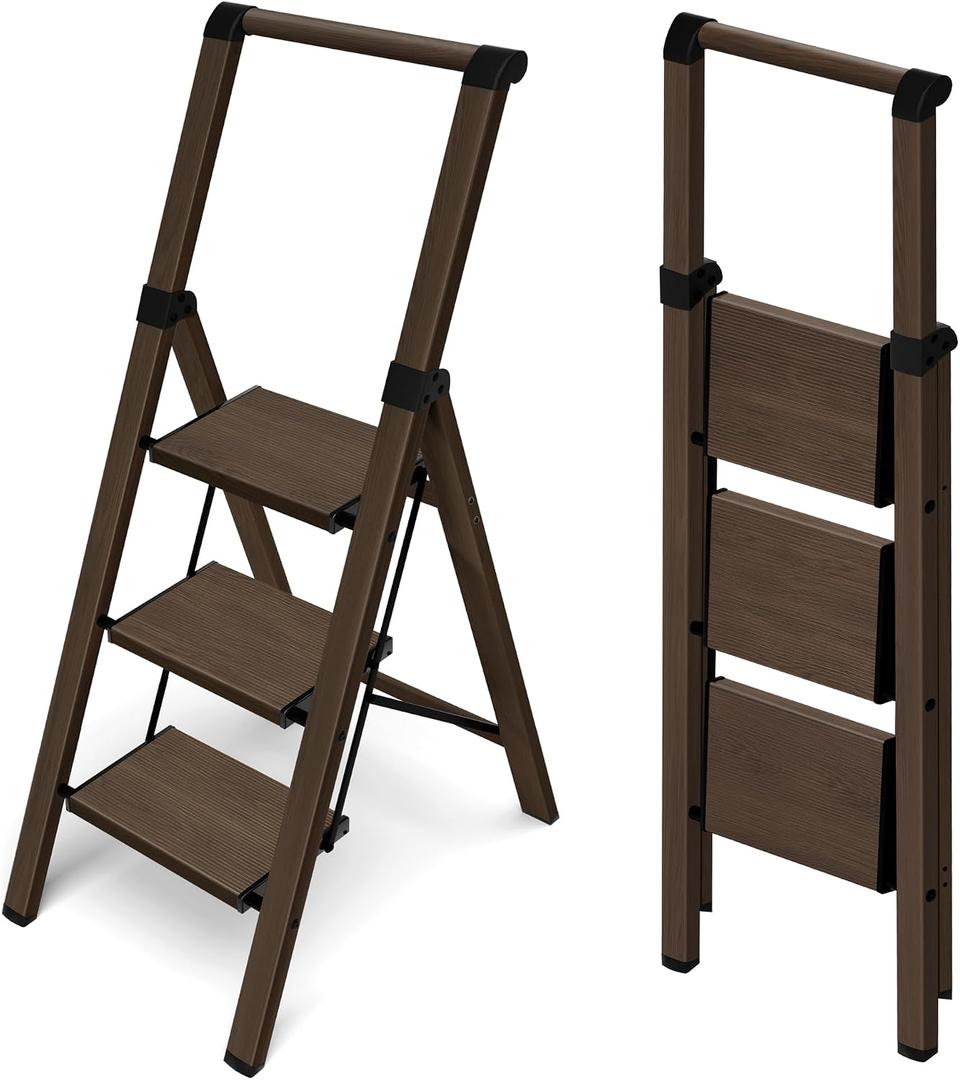 HillhutApex 3 Step Foldable Aluminum Step Ladder with Handgrip, Anti-Slip Pedal, 330lbs Capacity, Lightweight & Portable for Home, Kitchen, Office, Garage (Walnut)