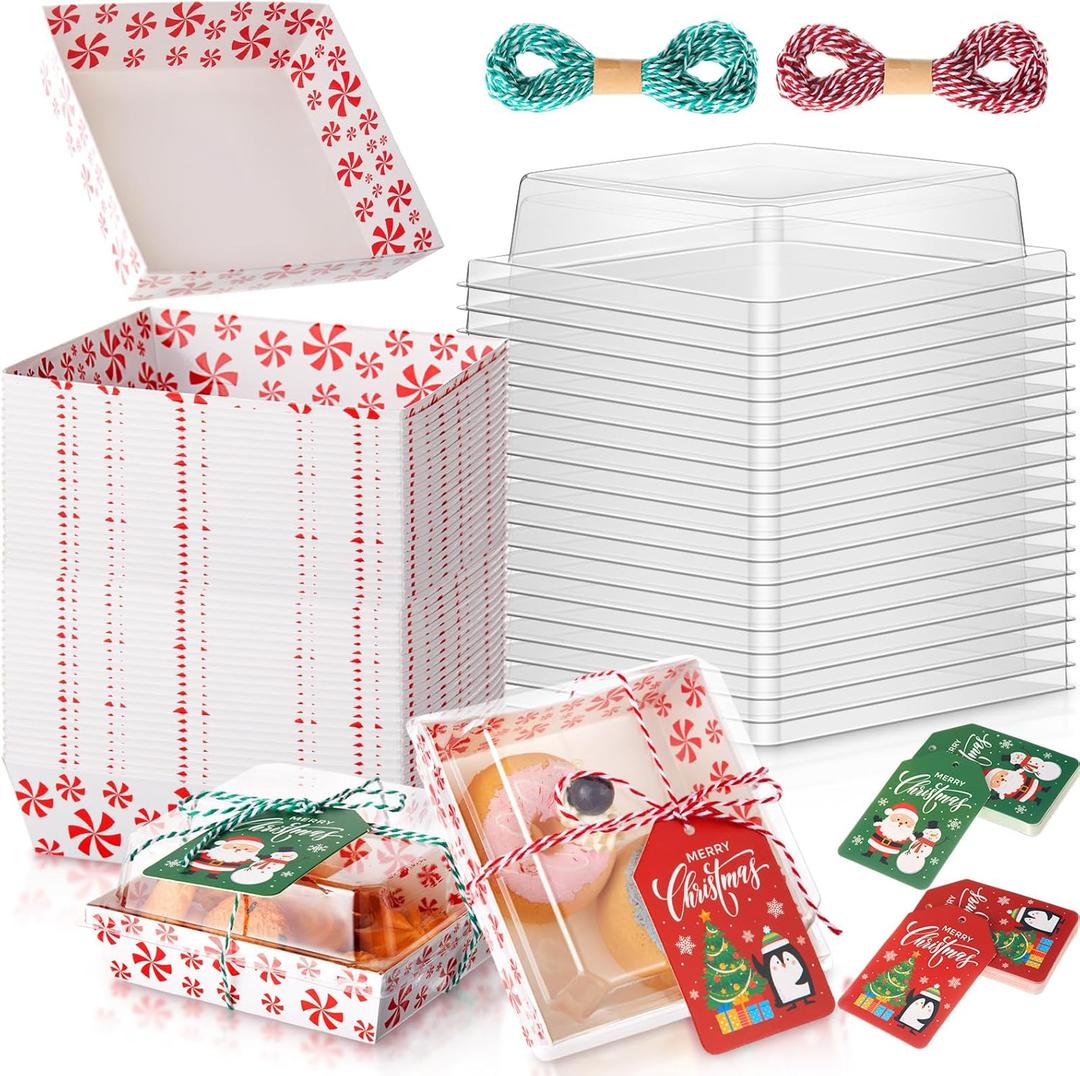 Yaomiao 50 Pcs Christmas Charcuterie Boxes with Ropes Cards, Christmas Food Box with Clear Lids, Disposable Paper Bakery Square Dessert Containers for Xmas Party Favor Cookie Cake Sandwich (Canes)