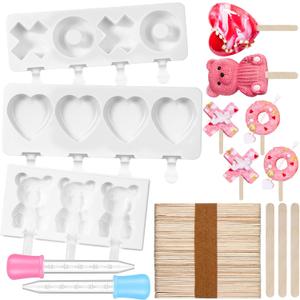3 Pack Heart Shaped Cakesicle Molds Heart Bear Xoxo Shaped Ice Pop Molds Silicone with 50 Wooden Sticks and 2 Droppers Craft Sticks for Valentine Baking DIY Chocolate Maker Kitchen Tool