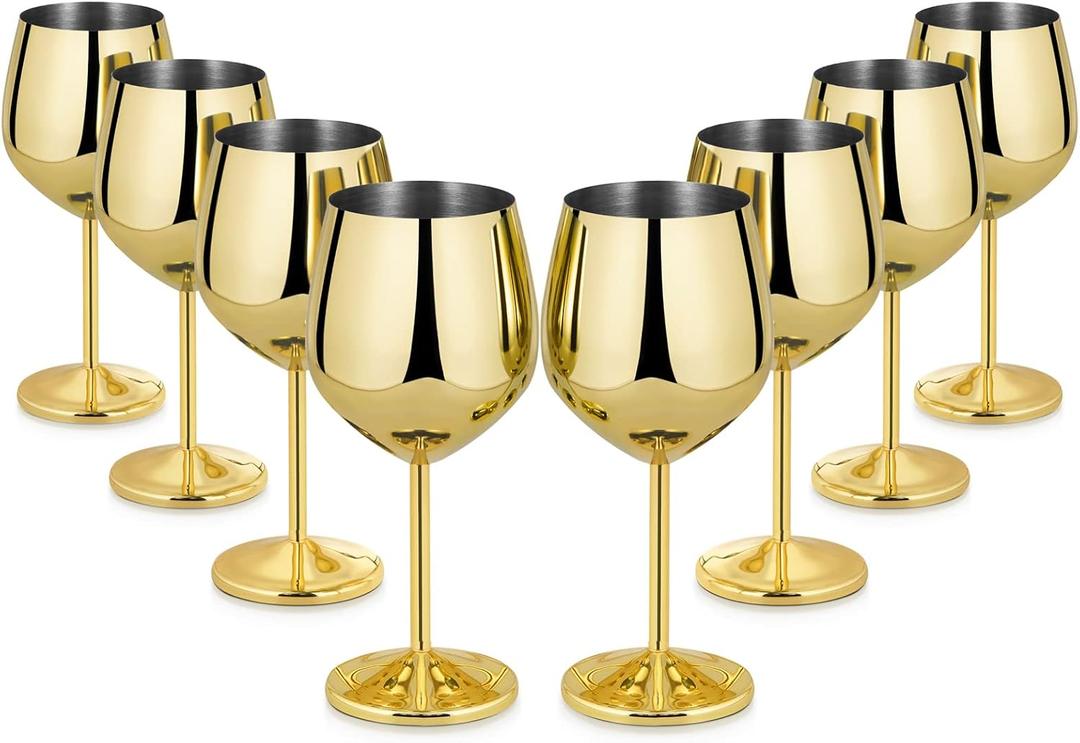 Lifecapido Stainless Steel Wine Glasses Set of 8, 18oz Stainless Steel Wine Goblets, Stemmed Metal Wine Glasses with Cup Brush for Party Office Wedding Anniversary, Great for Red White Wine (Gold)