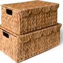 KOKODO Set of 2 Scalloped Wicker Baskets  Handwoven Rectangular Water Hyacinth Storage Baskets with Lid and Handles for Organizing, Living Room & Shelf Decor  Rattan Organizing Bins