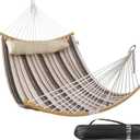 Double Hammock, 11 FT Quilted Fabric 2 Person Hammock for Outside with Pillow, Folding Curved Spreader Bar, Chains, Carrying Bag, Indoor Outdoor, 450 IB Capacity, Havana Brown