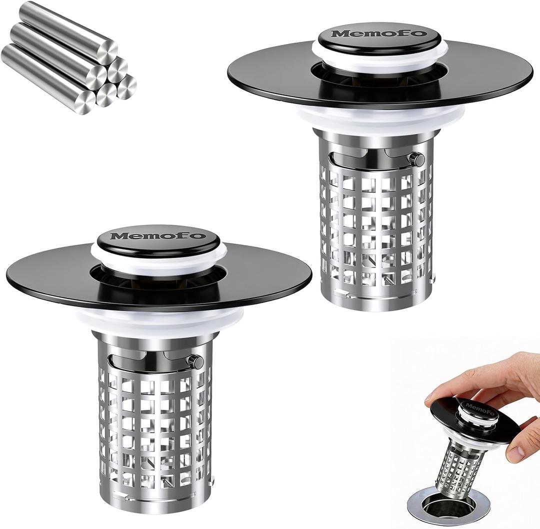 Bathroom Sink Drain Strainer (2Pack), Stainless Steel Pop-up Strainer Basket Hair Catcher with Removable Basket, Brass Bullet Core, Universal Fit 1.1-2.36 Inch