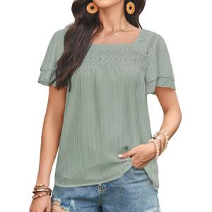 Falechay Babydoll Summer Tops for Women Ruffle Short Sleeve Square Neck Flowy Blouse Floral Crochet Bohemian Chiffon Shirts Spring Lace Clothing Green S (S)