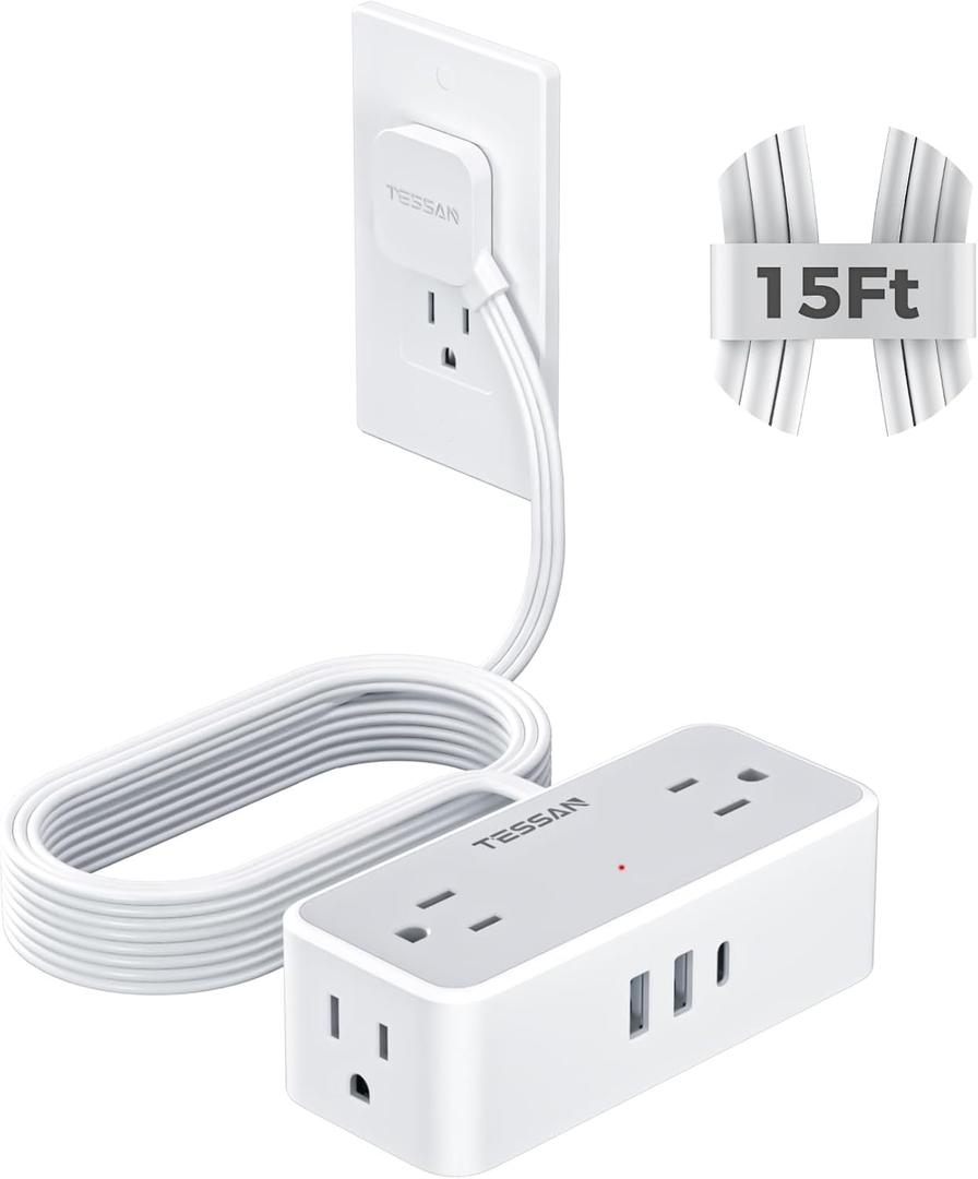 TESSAN Flat Plug Extension Cord 15 FT, Surge Protector Power Strip with 4 AC Outlets 1 USB C and 2 USB A Ports, 900 Joules Protection, Multiple Wall Outlet Extender Suitable for Office Dorm, Grey