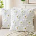 Artscope Spring Summer Pillow Covers 20x20 Set of 2 Decorative Flower Throw Pillow Cases Soft Plush Faux Fur Couch Cushion Case for Holiday Farmhouse Sofa Bed Room Home Decor-White