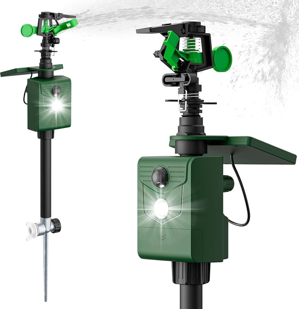 2 Packs Motion Activated Animal Repeller with Water Sprinkler, Solar Powered Deer Repellent Devices, IP65 Waterproof Cat Repellent Outdoor with Flashing Light, Deter Foxes Skunks Raccoons from Garden