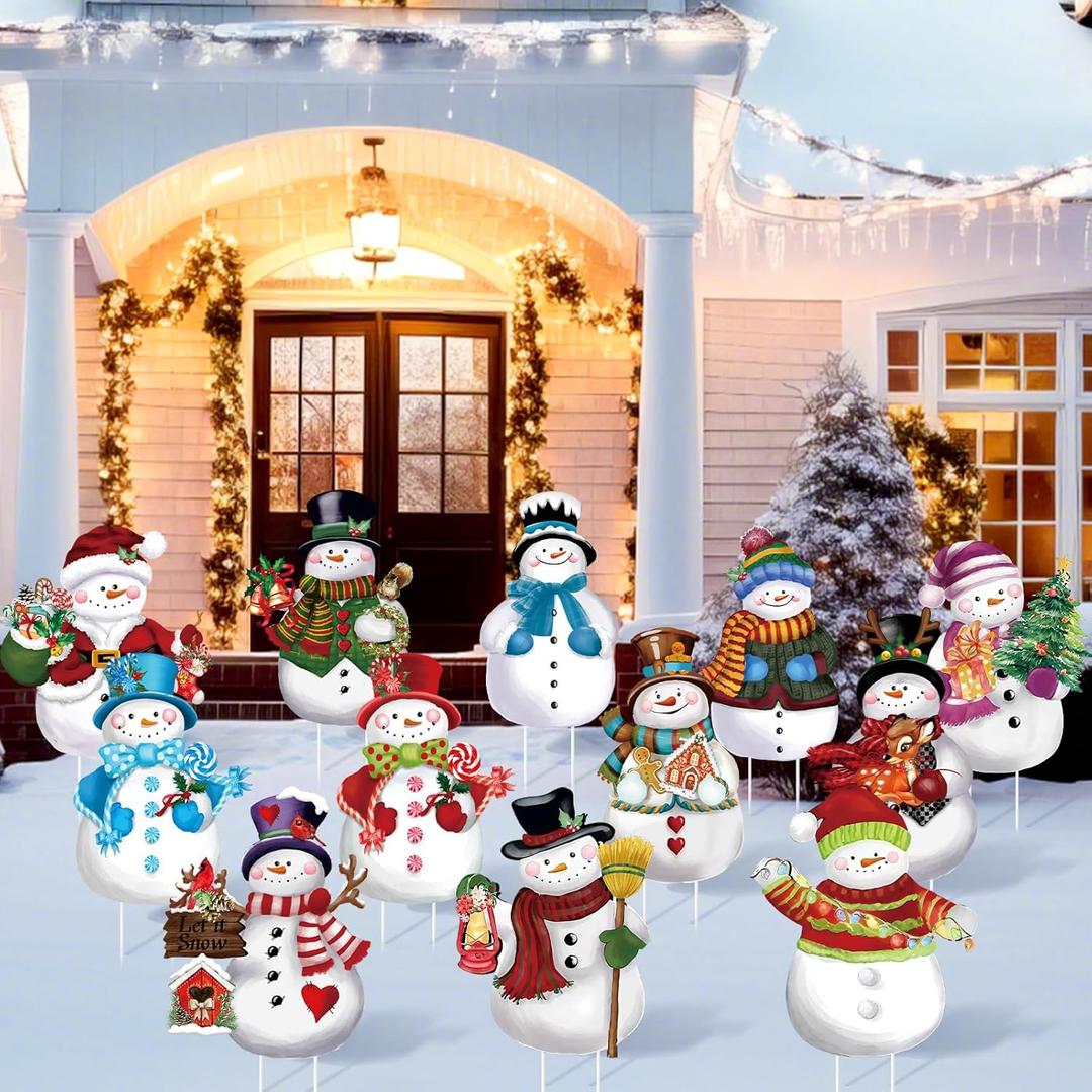 Bencailor 12 Pcs Snowman Yard Decorations Winter Snowman Outdoor Yard Signs with Stakes Christmas Garden Decoration Xmas Lawn Home Decor for Holiday Party Favor Supplies Gifts