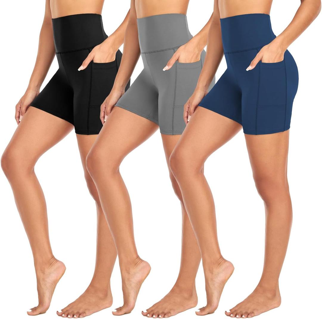 MOREFEEL 3 Pack Biker Shorts Women with Pockets  5" Tummy Control High Waisted Workout Gym Yoga Athletic Shorts (XX-Large-3X-Large, 02 Black,grey,navy Blue)