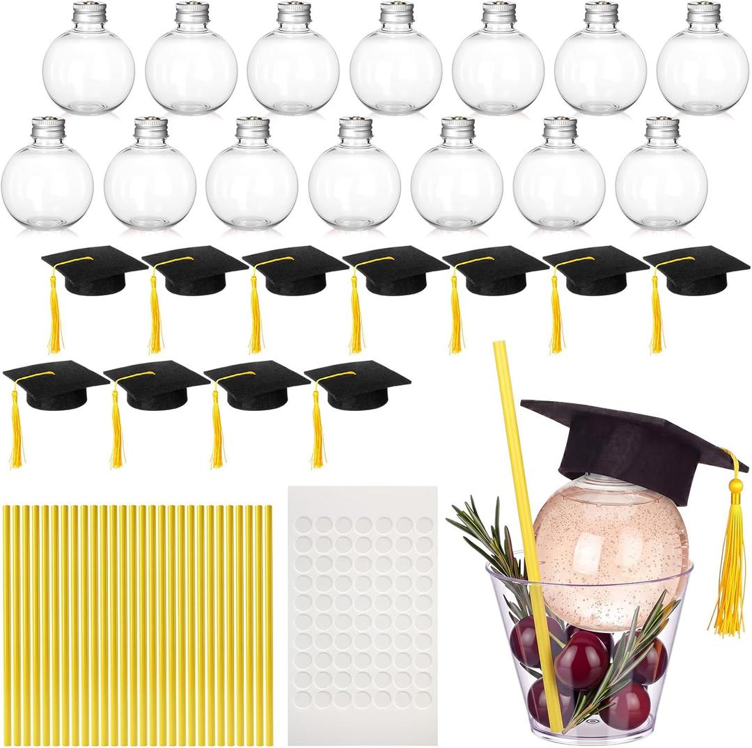 LemonRoad 30 Sets Class of 2026 Graduation Party Favors, 150ml Clear Plastic Fillable Drink Ball Cups with Mini Grad Caps, Straws and Adhesive Dots(Yellow)