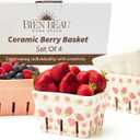 Ceramic Berry Basket, Farmhouse Colander, Strawberry Decor, Fruit Bowls, Fruit Baskets, Kawaii Strawberry Kitchen bowl, Pink White and Cute Strawberry pattern Stoneware Harvest Square Bowls Set of 4