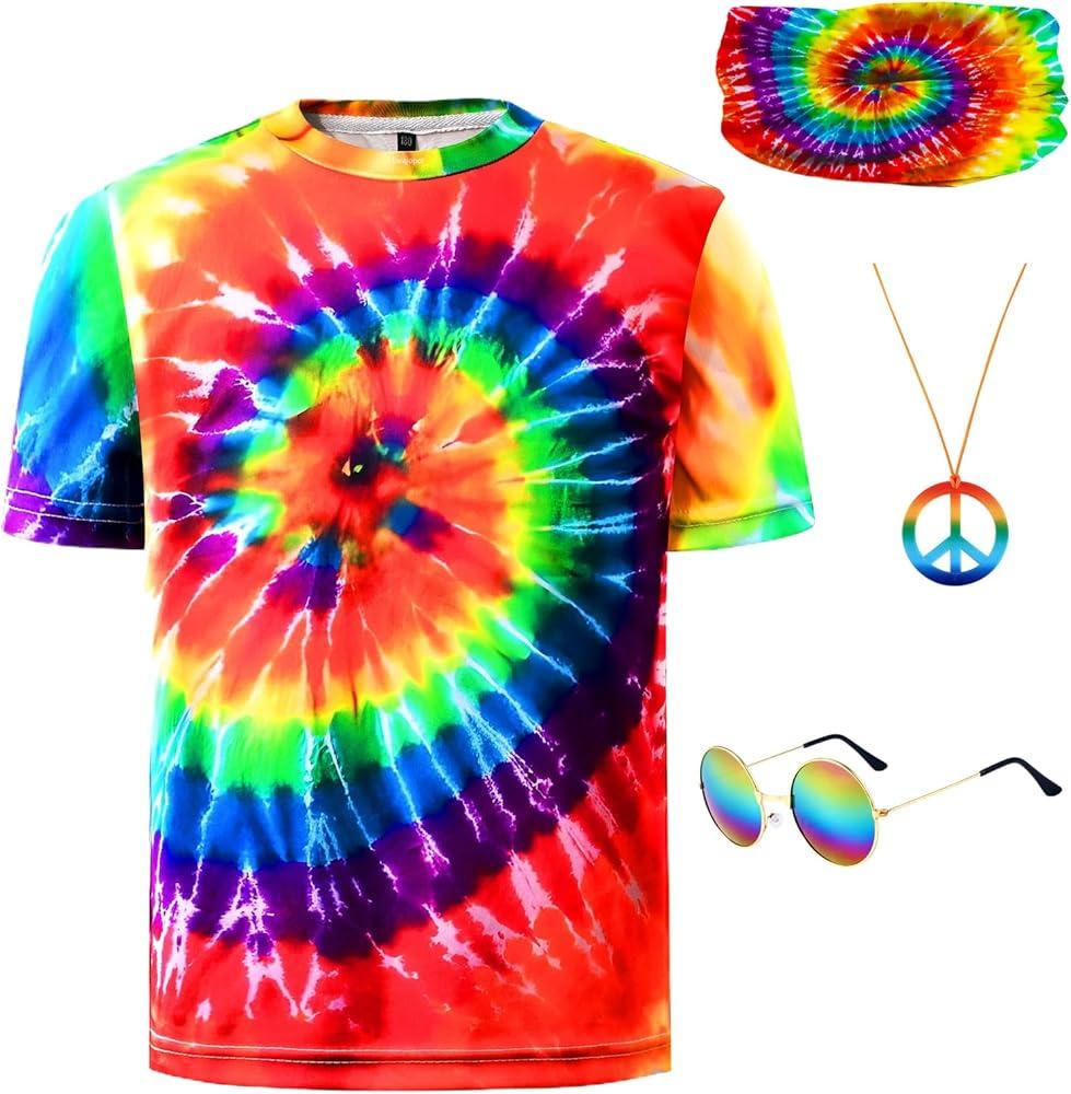 Hippie Costume for Men 60s 70s Colorful T-Shirt Outfits 4 PCS Accessories Set for Theme Party,130
