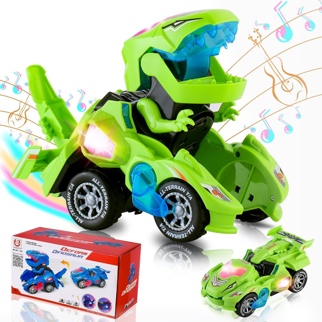 Hirger Transforming Dinosaur Car Toy for Kids, Auto Transformer Monster Truck Toys with Light & Sound for Toddler 1 2 3 4 5 Year Old, Birthday Gifts for Boy, Christmas Stocking Stuffers (Green)