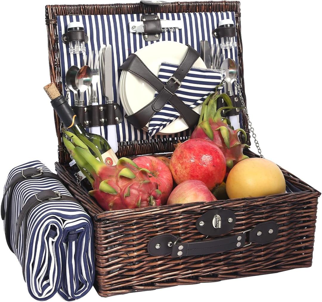 Picnic Basket for 4 Persons with Waterproof Picnic Blanket and Insulated Cooler, Large Wicker Picnic Basket for Camping, Outdoors, Valentine's Day, Christmas, Birthday, Wedding Gift