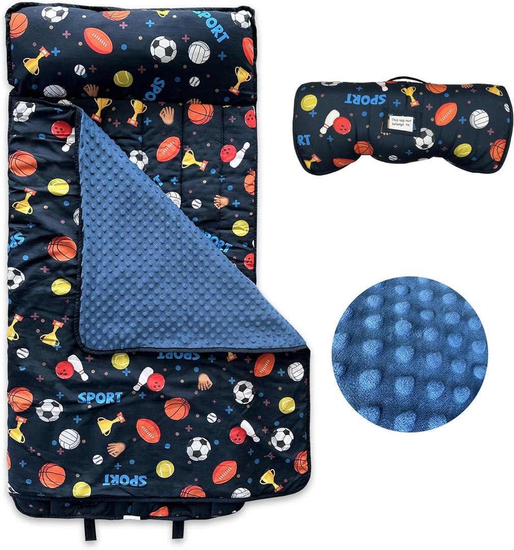 Toddler Nap Mat with Removable Pillow & Minky Blanket Roll Up Storage Kids Sleeping Bag Soft and Comfortable Toddler Sleeping Bags for Travel Camping Daycare Preschool (sports) Toddler Nap Mat with Removable Pillow & Minky Blanket Roll Up Storage Kids Sleeping Bag Soft and Comfortable Toddler Sleeping Bags for Travel Camping Daycare Preschool (sports)