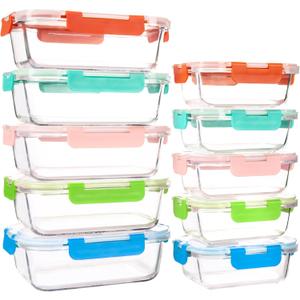 UMEIED 10 PACK Glass Food Storage Containers with Leak Proof Lids, Glass Airtight Meal Prep Containers Set for Lunch, On the Go, Leftover, Kitchen Pantry Organizers and Storage (Multicolor)