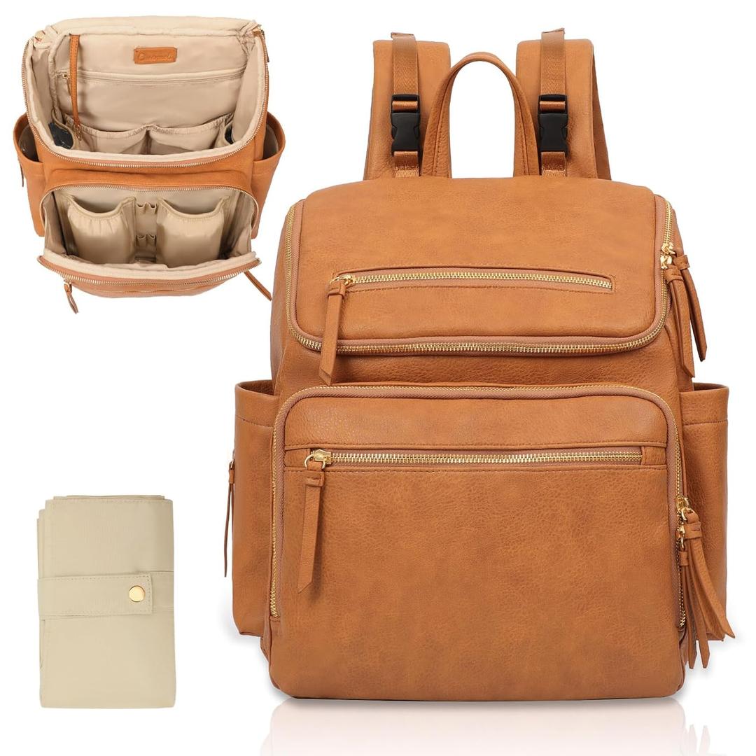 Diaper Bag Backpack Large Baby Diaper Bag Leather with 17 Diaper Bag Organizing Pouches,Changing Pad,Stroller Straps,4 Insulated Pockets,Honey