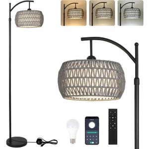 Arc Floor Lamp for Bedroom, Boho Standing Lamp with Remote & LED Smart Bulb, Rattan Floor Lamps for Living Room with 3 Color Temperatures, Height Adjustable Corner Tall Lamp, Stand up Light for Office
