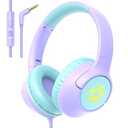 Kids Headphones with Cord, 85/94dB Volume Limit, Wired Over-Ear Girls Headphones for Kids with Microphone, 4.9ft Long No-Tangle Cord, Stereo Sound 3.5mm Plug for Kindle Tablet School Travel, Purple