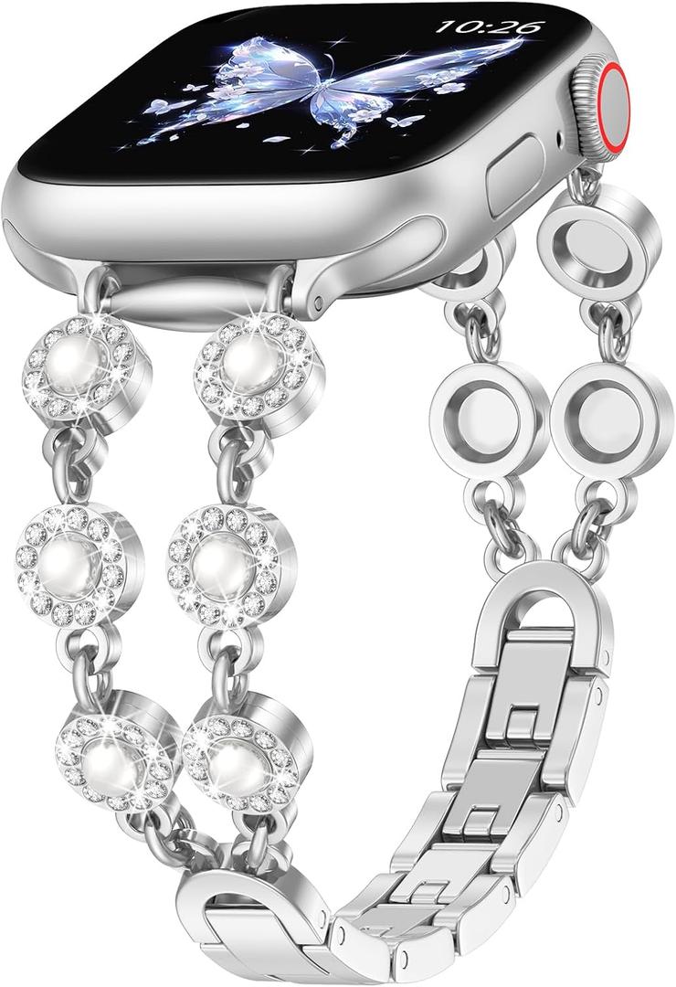QINGQING Pearl Bands Compatible with Apple Watch 38mm 40mm 41mm 42mm 44mm 45mm 46mm, Beaded for Women Iwatch Band Wrist Straps Series 11/10/9/8/7/6/5/4/SE/3/2/1