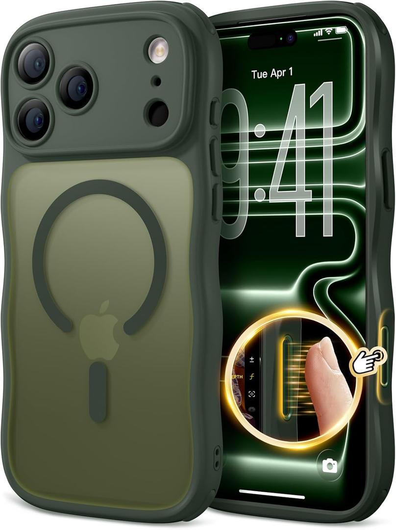 for iPhone 17 Pro Max Case for Women Girls,Compatible with MagSafe,Camera Control,Full Camera Protection, Cute Wave Magnetic Phone Case for iPhone 17 Pro Max,Forest Green