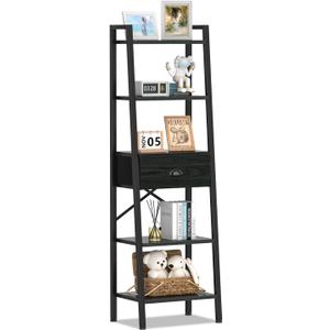 Furologee 5 Tier Bookshelf, Ladder Shelf with Drawer, Tall and Narrow Bookcase, Storage Shelves Organizer,Industrial Display Standing Units for Bathroom,Kitchen,Bedroom,Living Room,Black Oak