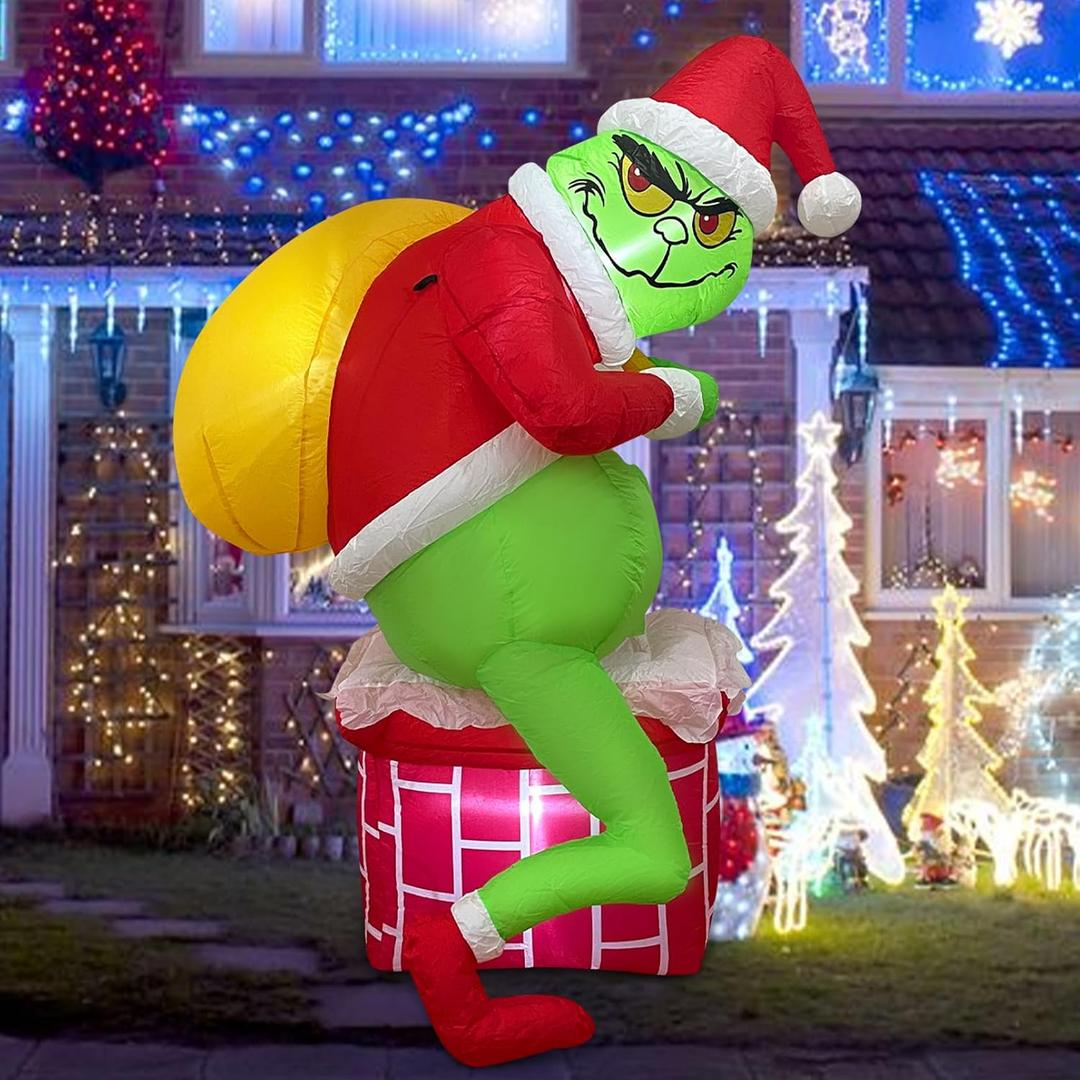 Christmas GrinCh Inflatable, Green Santa Chimney Inflatables Outdoor Decor, Blow Up Yard Decorations with LED Light, Xmas Winter Holiday Inflatables Outdoor Decor for Party Yard Garden Lawn