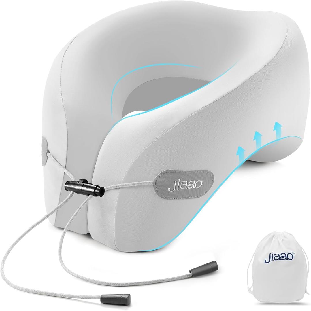 jiaao Travel Pillow Memory Foam Neck Pillow for Airplanes with Adjustable Drawstring Support, Gray Travel Neck Pillow for Flights, Road Trips, Trains & Everyday Travel