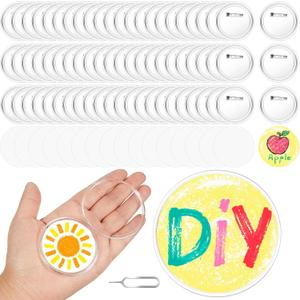 Yilloog 100 botones acrlicos transparentes de 2.25 pulgadas con 200 papel y 20 herramientas de extraccin de tarjetas SIM, para hacer tus propios botones, pin de acrlico transparente, diseo de