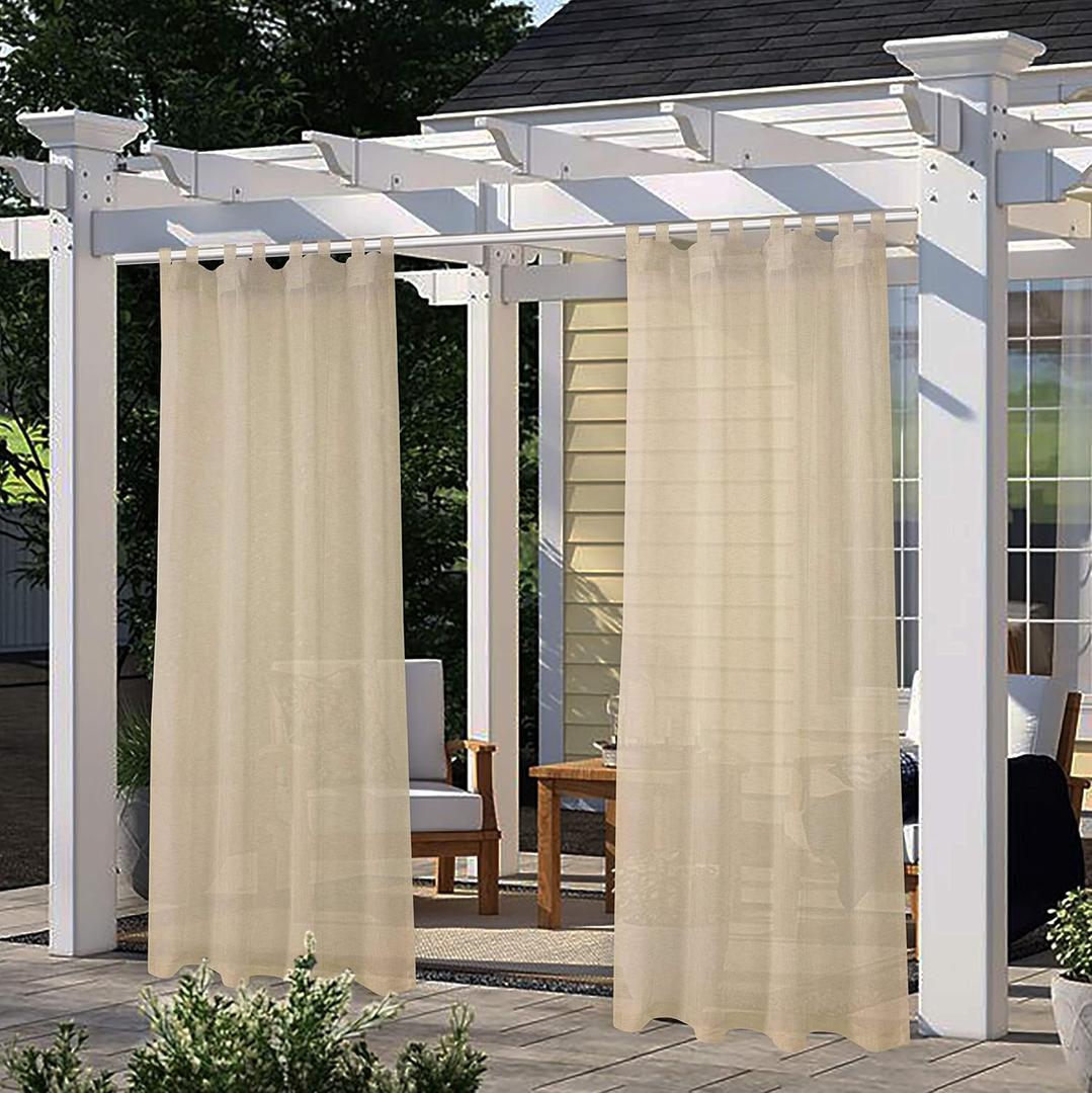 LORDTEX Burlap Linen Look Outdoor Curtain for Patio - 2 Panels Waterproof Tab Top Sheer Curtains for Pergola, Porch, Cabana and Gazebo Indoor/Outdoor Voile Sheer Drapes, 52 x 95 Inch, Linen