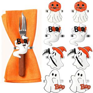 Halloween Napkin Rings Set of 8, Spooky Napkin Ring Holders Pumpkin Witch Hat Ghost Alloy Napkin Ring Buckle for Halloween Party Kitchen Dinner Table Decorations
