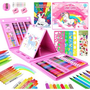 homicozy Art Supplies for Kids,Drawing Kits Unicorn Art Case Coloring Set with Double Sided Trifold Easel,Crayon,Colored Pencil,Marker,Coloring Book,Stencil,Sticker,Drawing Stuffs Gifts for Girls 4-12