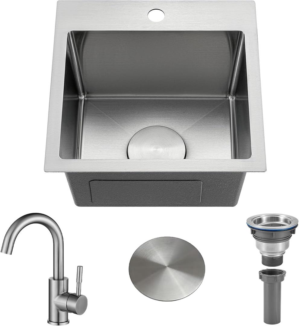 Bar Sink 15 Inch Drop in Bar Sinks Modern Stainless Steel Small Kitchen Sinks Single Bowl RV Sink with Faucet Combo (15" x 15" x 8.3")