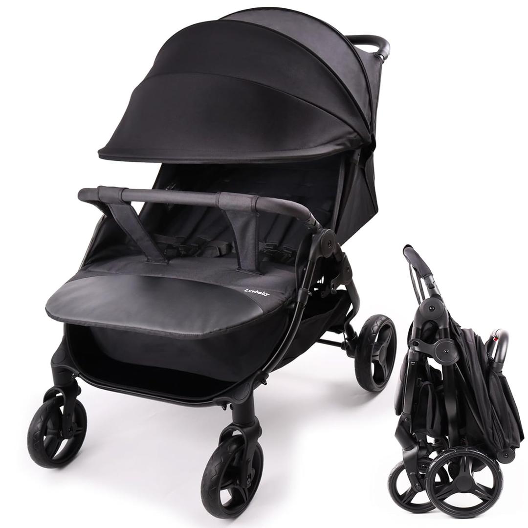 Lvvbaby Double Stroller with Adjustable Large Canopies, Double Seats Lightweight Stroller for Twins,Compact Fold,One-Handed Fold,Reclining Seats,Silent Wheel,5-Point Harness and Big Storage Basket