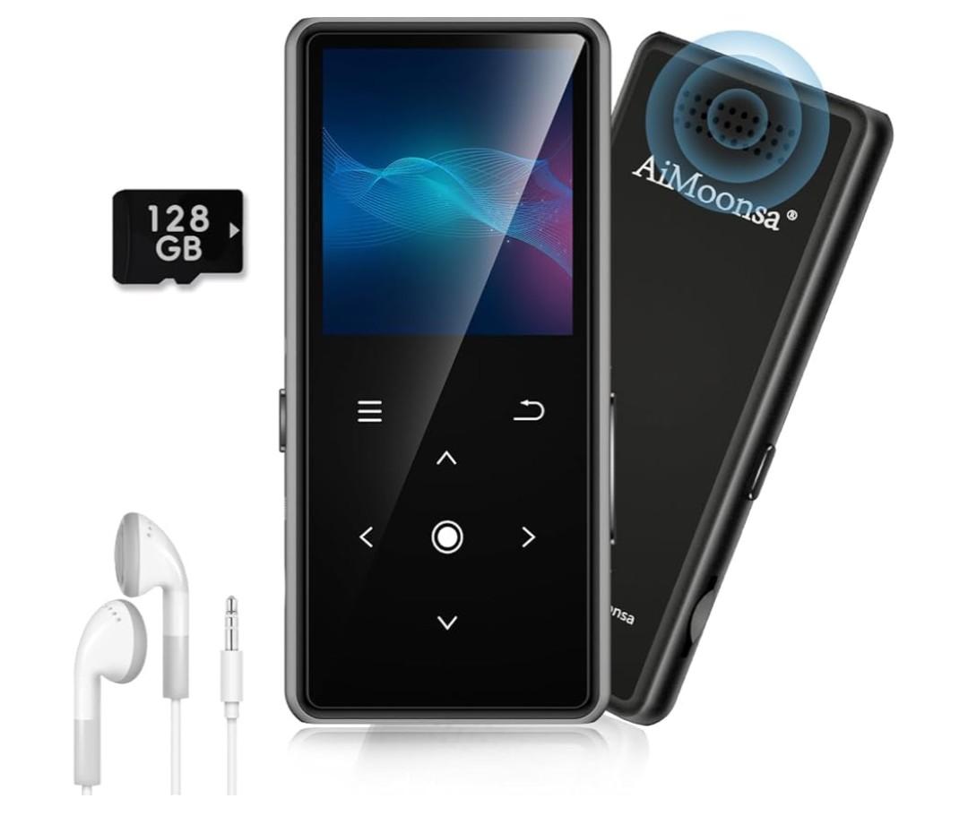 128GB MP3 Player with Bluetooth 5.2, AiMoonsa Music Player with Built-in HD Speaker, FM Radio, Voice Recorder, HiFi Sound, E-Book, Earphones Included