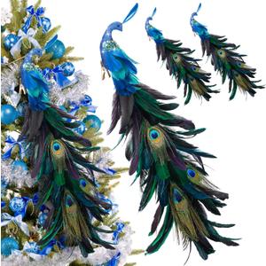 Giegxin 4 Pcs Peacock Christmas Tree Ornaments Long Tail Feather Peacock Christmas Decorations Glitter Bird Clip on Ornament for Xmas Tree Decor