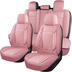 HChengkikz Car Seat Covers Full Set, Breathable and Waterproof Automotive Leather Vehicle Cushion Covers, Universal Anti-Slip Seat Covers for Cars SUV Truck Sedan(Style1, 5 PCS Full Set, Pink)