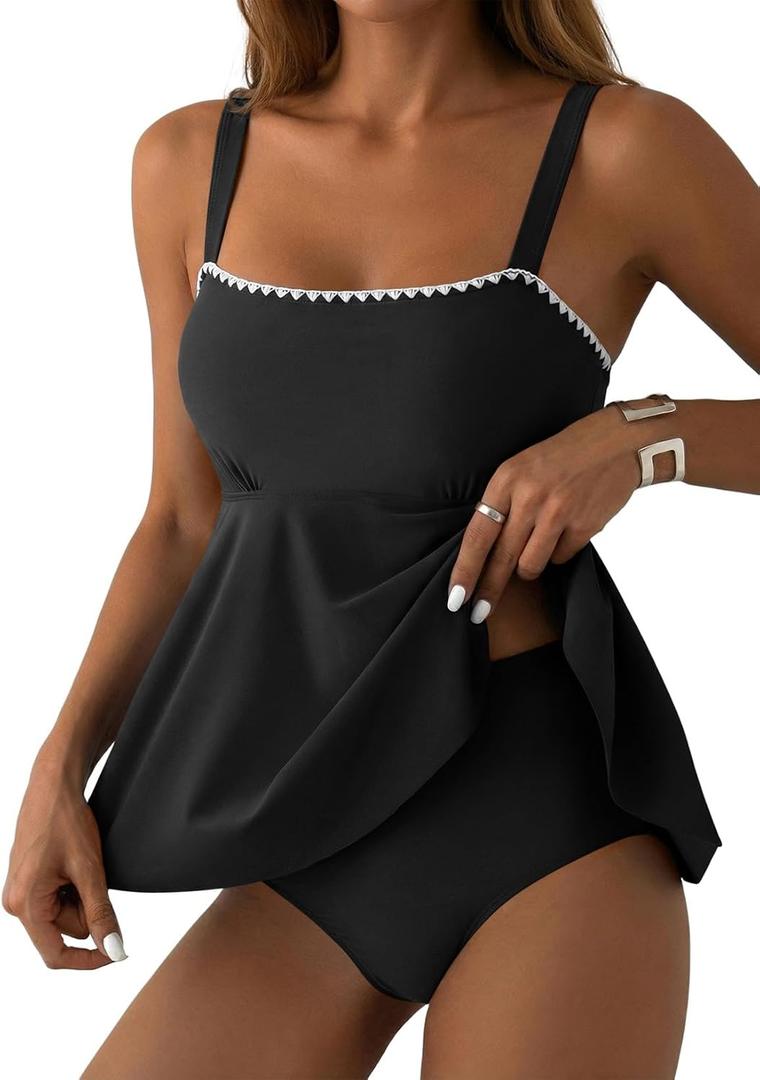 Aleumdr Tankini Swimsuits for Women Modest Two Piece Bathing Suit Square Neck Swim Top with High Waisted Bottom (Black, M)