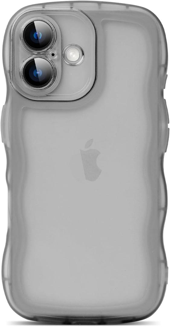 Compatible with iPhone 16 Case 6.1" 2024, Cute Kawaii Curly Wave Frame Shape Soft Silicone Shockproof Protective Phone Cover for Women Girls, Clear/Black