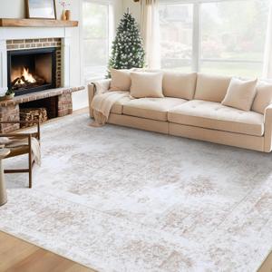 Area Rug 6x9 Living Room Rug, Machine Washable Vintage Distressed Medallion Rug Non-Slip Soft Low Pile Large Indoor Rugs for Bedroom Kitchen Dining Room Office (Beige,6'x9')