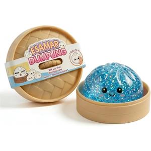 Dumpling Squeeze Toys, Glitter Dumpling Squeeze Toy with Steamer Box, Soft Dough Dumpling Stress Ball, Sensory Mystery Gifts for Kids & Adults, Classroom Prizes & Party Favors (A-Blue)