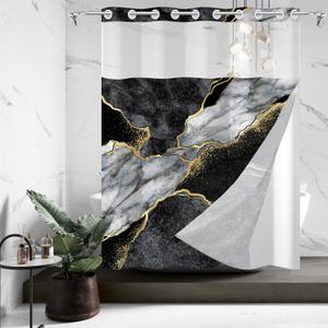 No Hook Shower Curtain with Snap in Liner Black Gold Marble Liner Set Modern Contemporary Crack Ink Texture Double Layers Waterproof See-Through Top Window Bathroom Decorative 71x74inch
